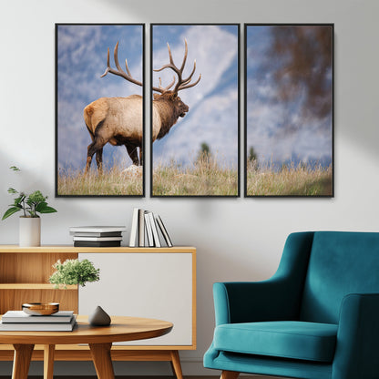 Elk with antlers standing on grass with mountain background, ideal for rustic, cabin, or lodge-inspired wall decor.