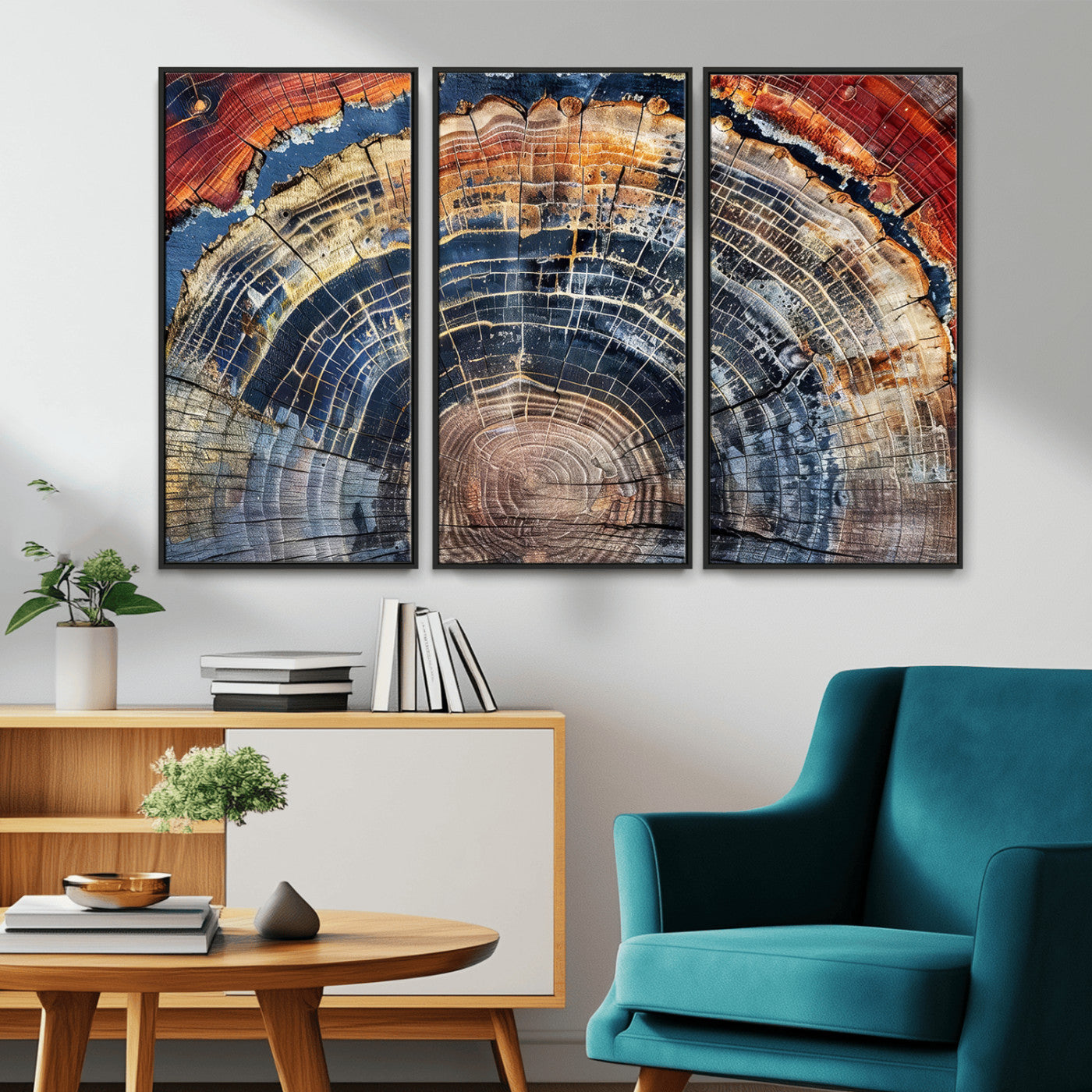 Vibrant tree ring with orange, brown, and blue tones in abstract detail, perfect for rustic or boho-inspired wall decor.