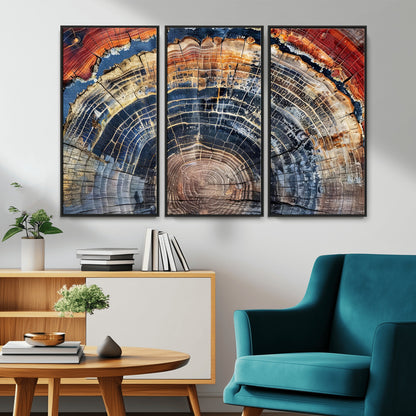 Vibrant tree ring with orange, brown, and blue tones in abstract detail, perfect for rustic or boho-inspired wall decor.
