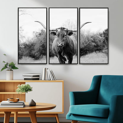 Black and white photo of a longhorn cow in a field, perfect for rustic farmhouse or western-themed interior wall decoration.