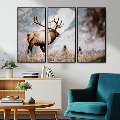 Majestic elk with large antlers standing in grass with snowy mountains in background, perfect for rustic cabin or lodge style decor.