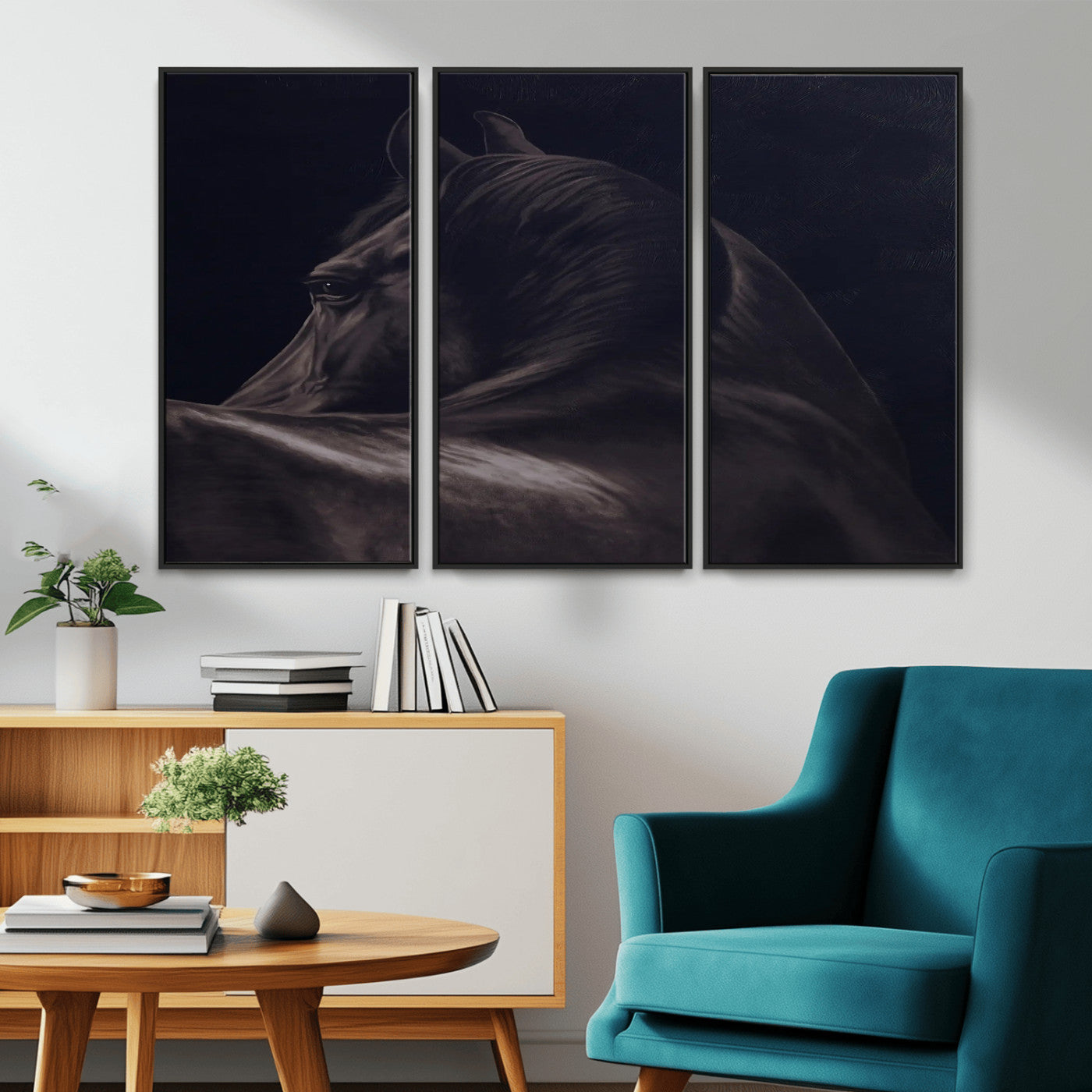Close-up of a black horse with dramatic lighting on a dark background, perfect for rustic or masculine home decor.