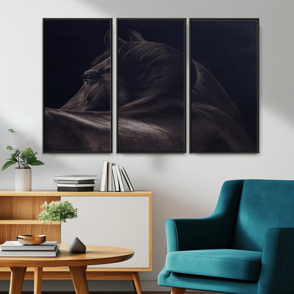 Close-up of a black horse with dramatic lighting on a dark background, perfect for rustic or masculine home decor.