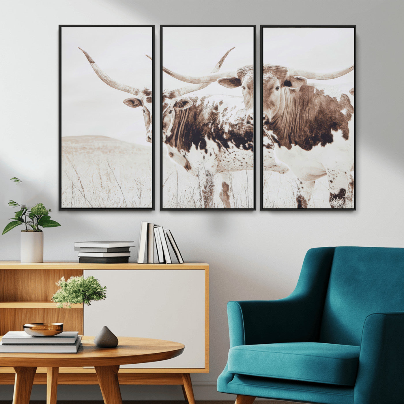 Two longhorn cows standing in a sepia-toned pasture with soft light, ideal for rustic or farmhouse-themed neutral wall decor.