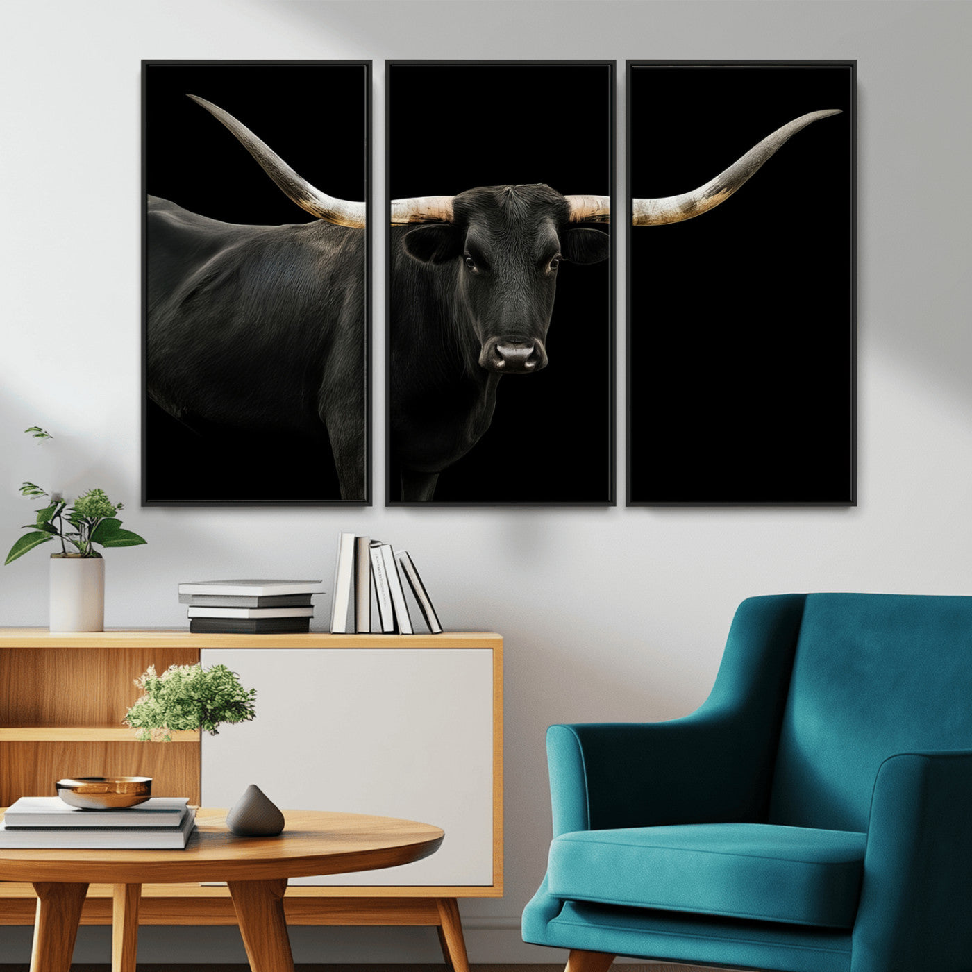 Close-up of a black Texas longhorn with large curved horns on black background, ideal for rustic farmhouse or modern western interiors.