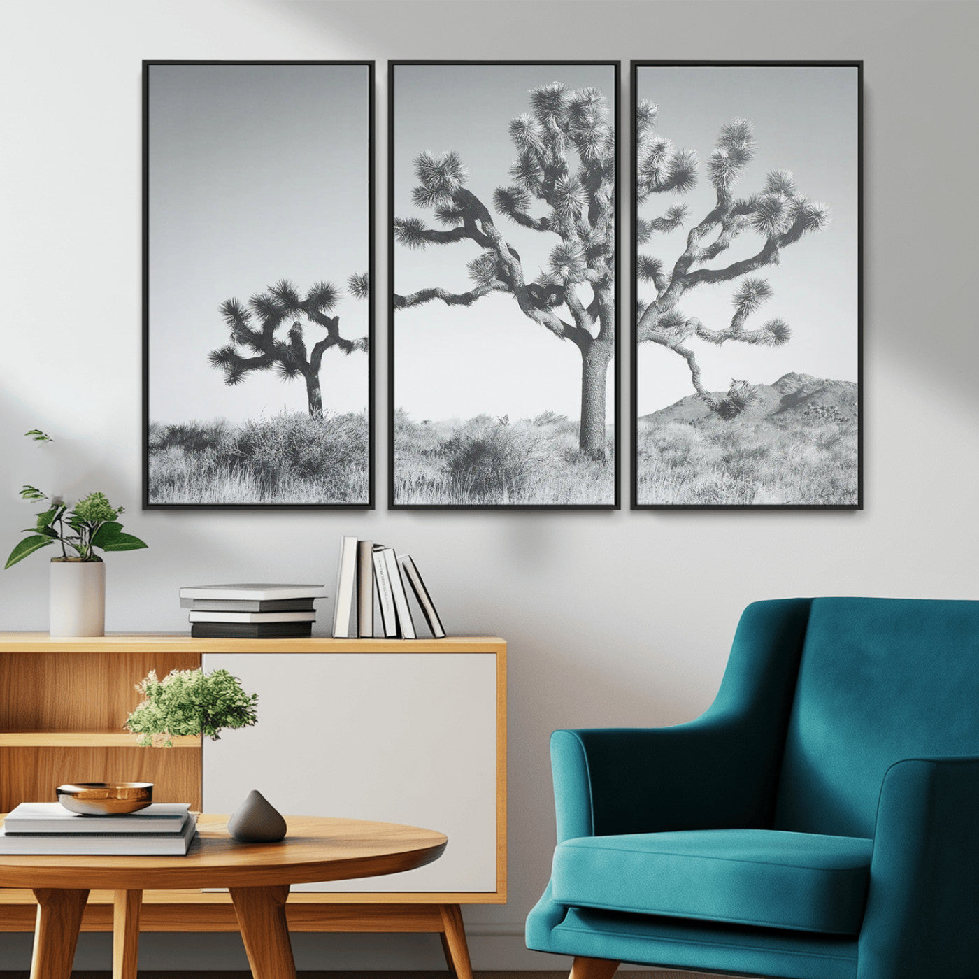 Black and white Joshua tree in a desert landscape with soft light and dry brush, perfect for rustic or minimalist home decor.