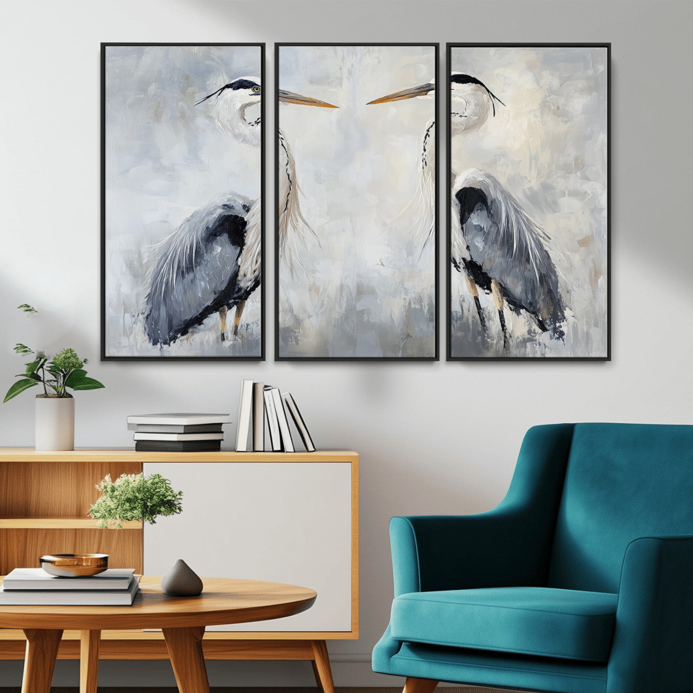 Two herons facing each other on a soft-toned background with blue-grey feathers, perfect for tranquil, coastal or nature-themed interiors.