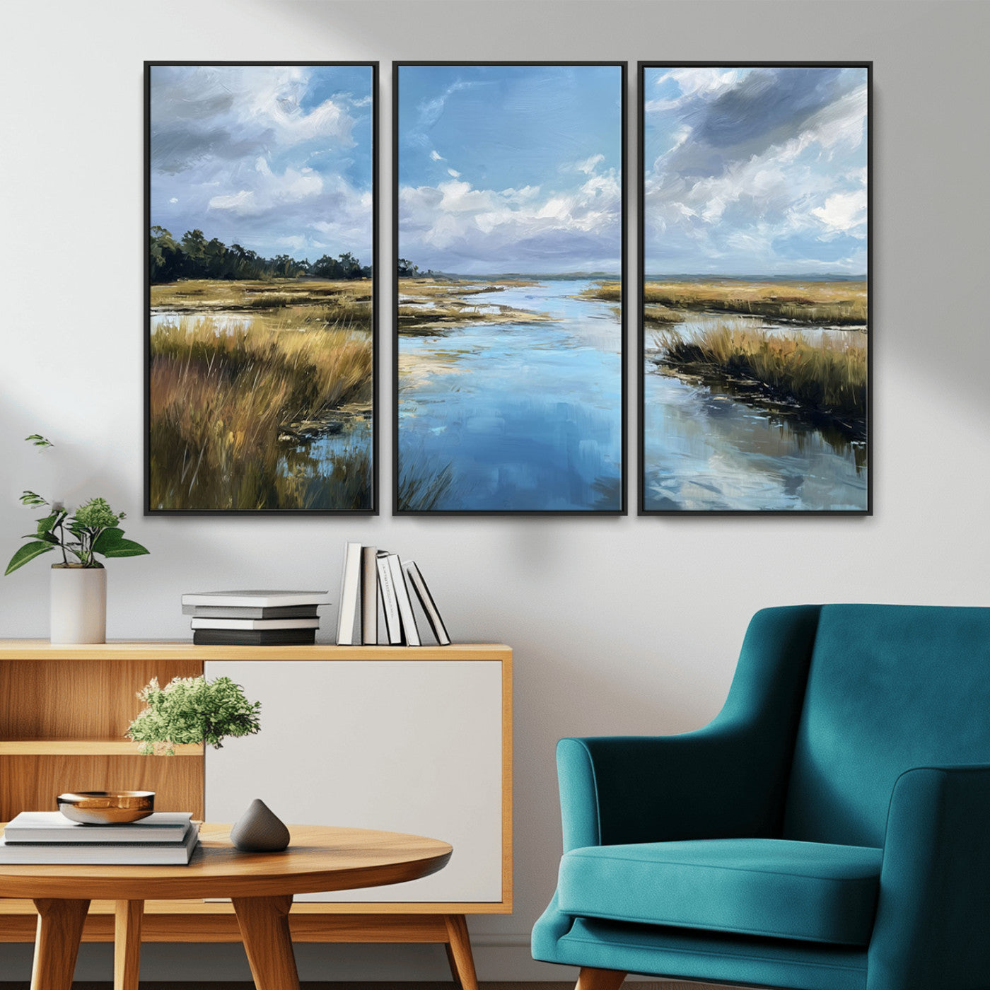 A beautiful, painterly landscape of a calm river winding through a marsh, with vibrant green grasses and a bright blue sky filled with fluffy clouds.