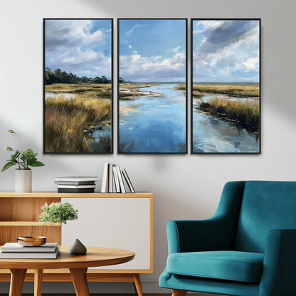 A beautiful, painterly landscape of a calm river winding through a marsh, with vibrant green grasses and a bright blue sky filled with fluffy clouds.