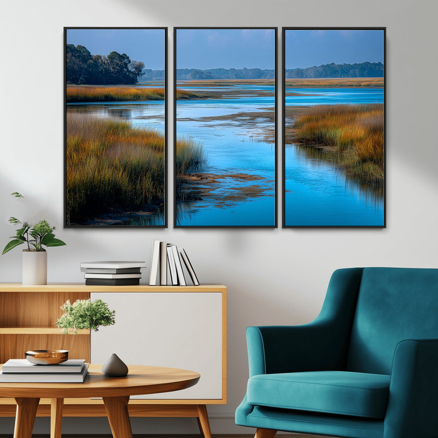 A peaceful marshland scene with calm blue water reflecting the surrounding grasses and trees, capturing the beauty of nature in a serene landscape.