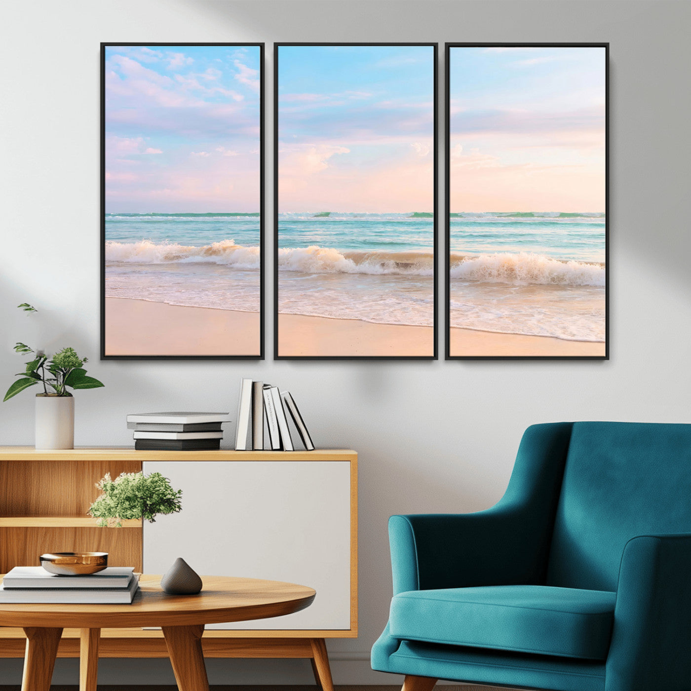 A peaceful beach scene with soft pastel skies, gentle waves washing up on the sandy shore, creating a calm and serene ocean view.