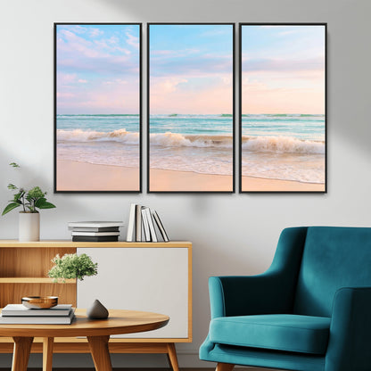 A peaceful beach scene with soft pastel skies, gentle waves washing up on the sandy shore, creating a calm and serene ocean view.