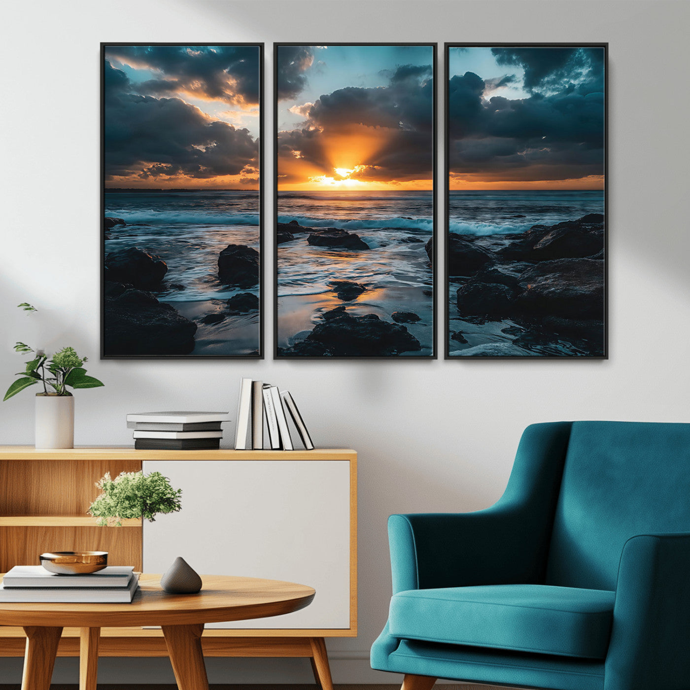 An awe-inspiring sunset over the ocean with rays of light piercing through dramatic clouds, creating a beautiful seascape with rocks in the foreground.