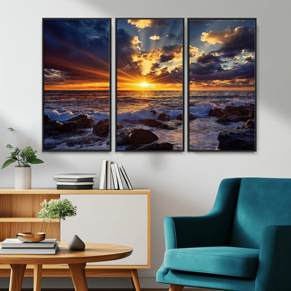 An explosive sunset over the ocean with dramatic clouds and rays of sunlight reflecting off the water, creating a vibrant and captivating view.