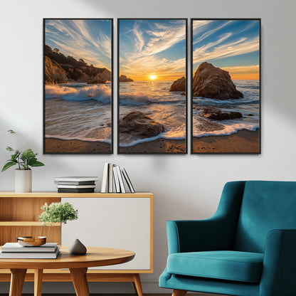 Rocky Ocean Sunset Wall Art Print, Seaside Canvas Wall Art, Dramatic Seascape Canvas Print for Coastal Modern Decor, Ocean Sunset Art Printing