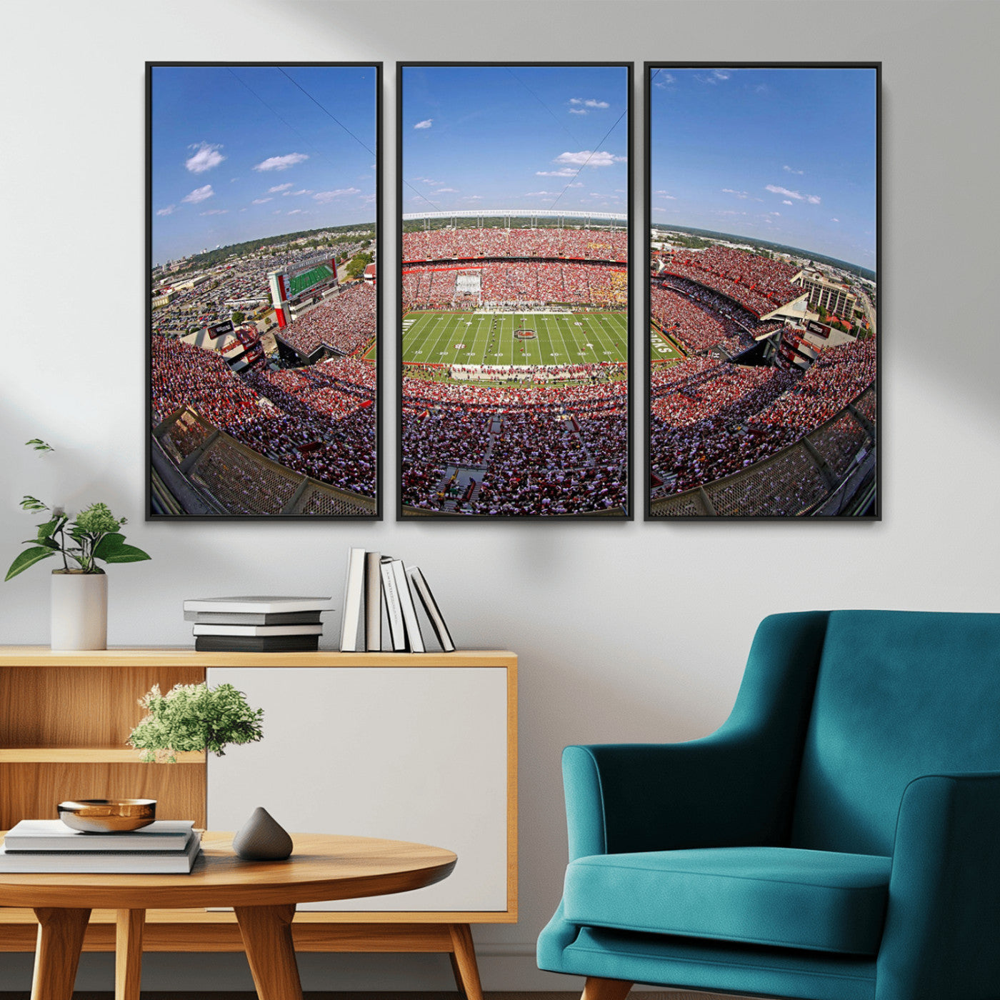 An William Brice-Stadium view of a full football stadium with cheering fans and clear blue skies, capturing the excitement and energy of the game.