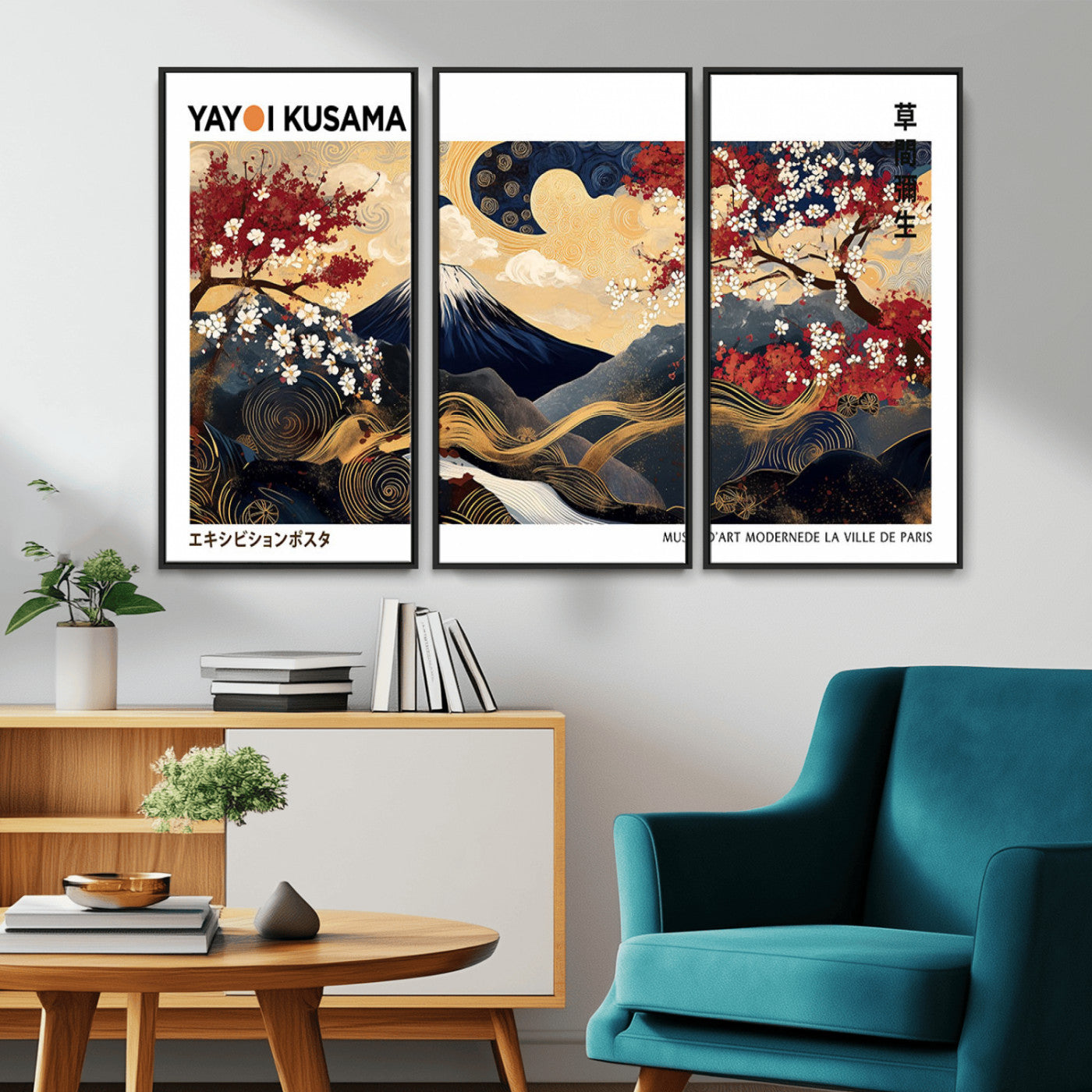 An artwork by Yayoi Kusama featuring Mount Fuji, blooming cherry blossoms, and swirling patterns in a harmonious blend of nature and art.
