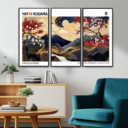 An artwork by Yayoi Kusama featuring Mount Fuji, blooming cherry blossoms, and swirling patterns in a harmonious blend of nature and art.