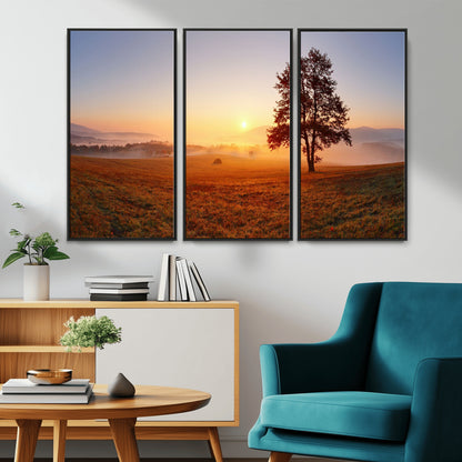 A tranquil landscape at sunrise with a mist-covered field and a lone tree, creating a peaceful and natural atmosphere.