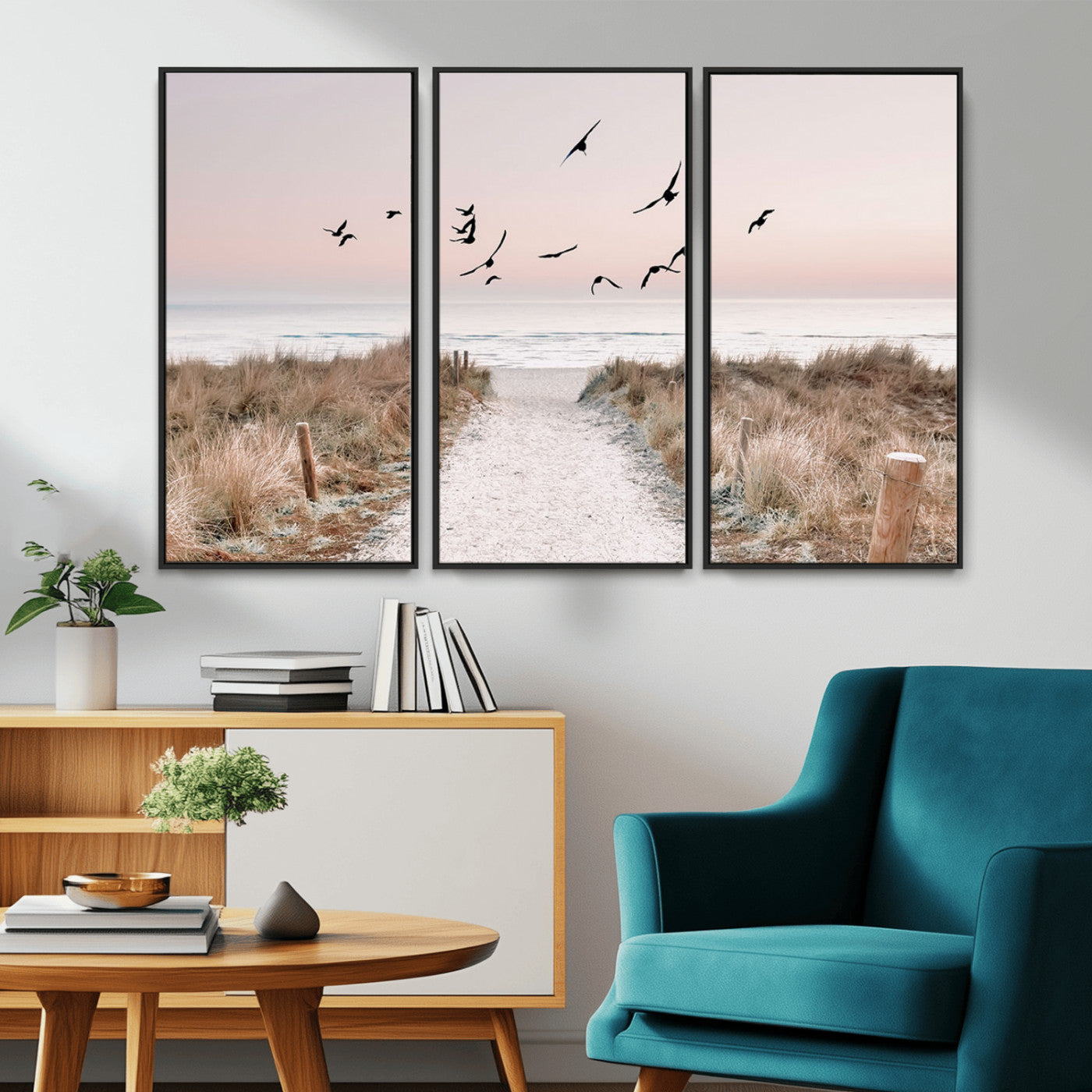 A peaceful coastal pathway leading to the ocean, with birds flying across a soft pastel sky, creating a calm and scenic beach atmosphere.