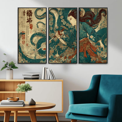 Tsukioka Yoshitoshi Samurai Wall Art Print, Japanese Katana Warrior Canvas Wall Art, Octopus Sea Monster Canvas Print,