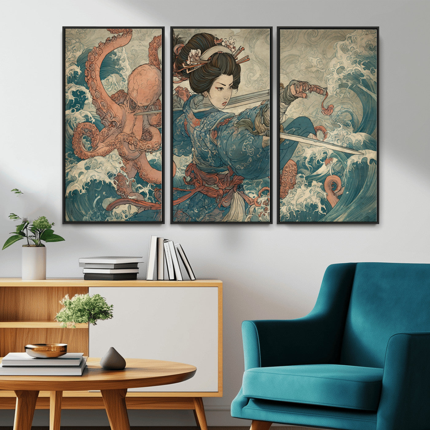 Tsukioka Yoshitoshi Samurai Wall Art Print, Japanese Katana Warrior Canvas Wall Art, Octopus Sea Monster Canvas Print,