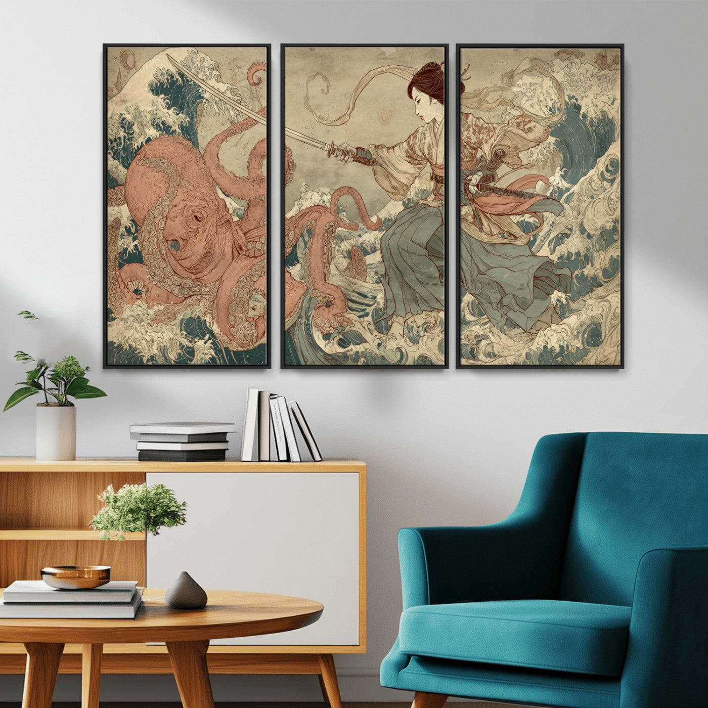 Tsukioka Yoshitoshi Samurai Wall Art Print, Japanese Katana Warrior Canvas Wall Art, Octopus Sea Monster Canvas Print,
