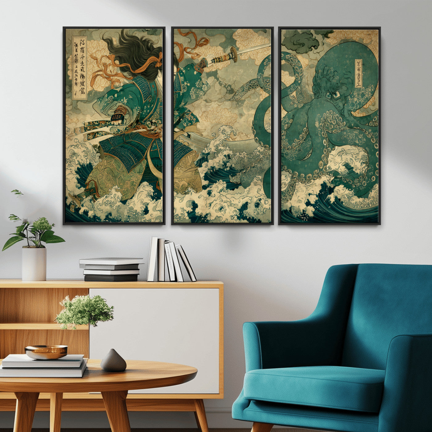 Tsukioka Yoshitoshi Samurai Wall Art Print, Japanese Katana Warrior Canvas Wall Art, Octopus Sea Monster Canvas Print,
