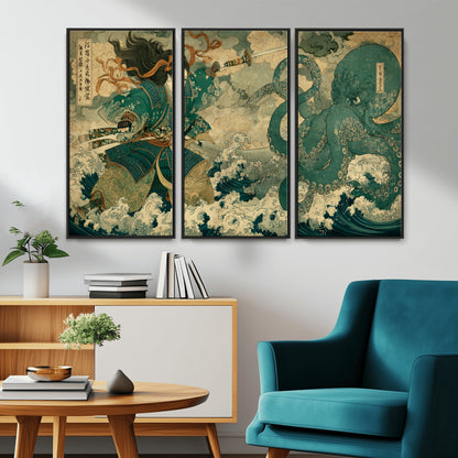 Tsukioka Yoshitoshi Samurai Wall Art Print, Japanese Katana Warrior Canvas Wall Art, Octopus Sea Monster Canvas Print,