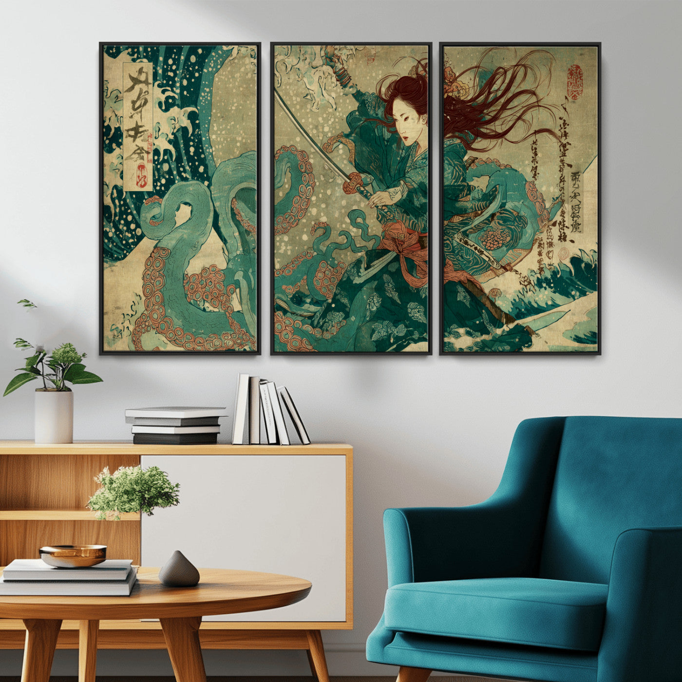 Tsukioka Yoshitoshi Samurai Wall Art Print, Japanese Katana Warrior Canvas Wall Art, Octopus Sea Monster Canvas Print,