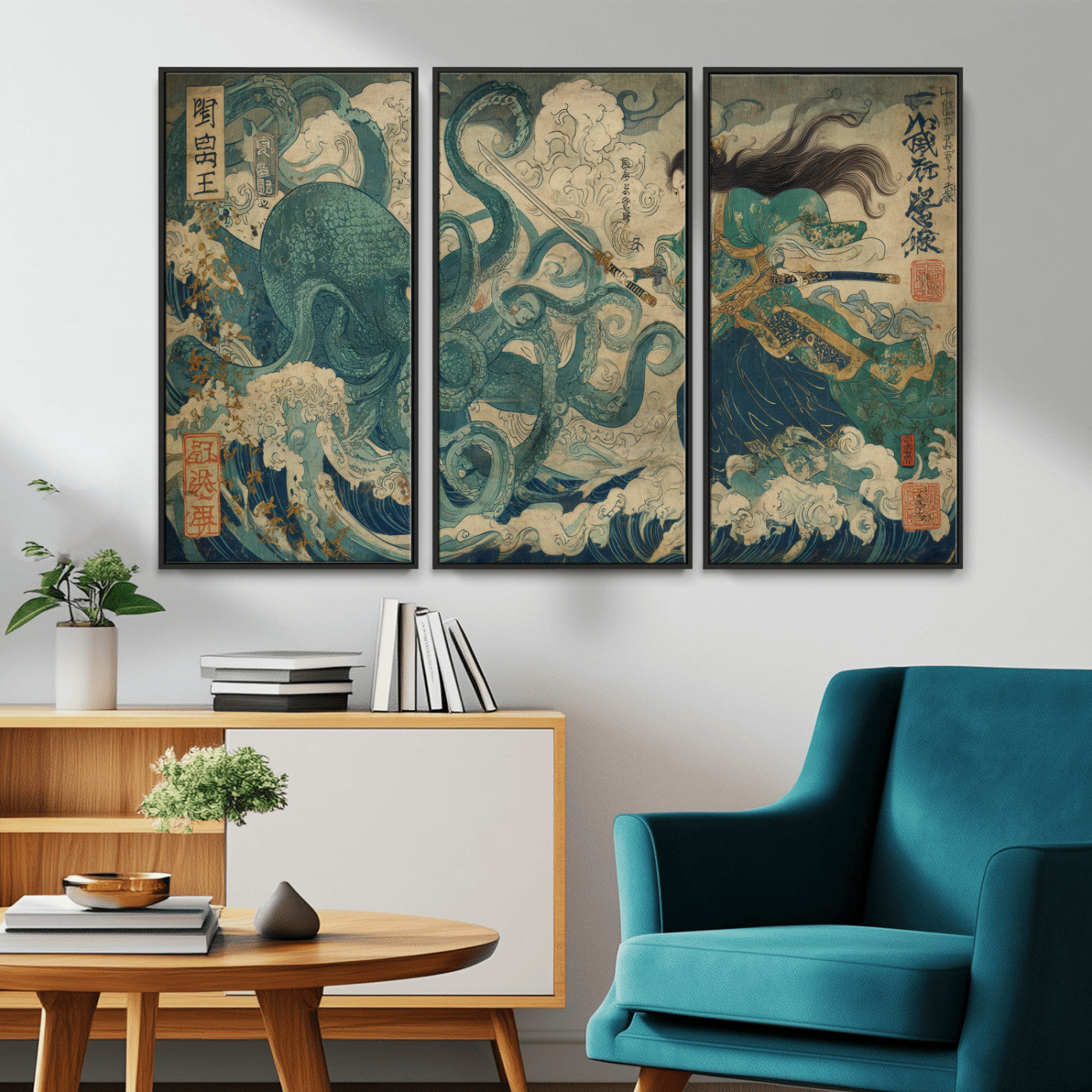 Tsukioka Yoshitoshi Samurai Wall Art Print, Japanese Katana Warrior Canvas Wall Art, Octopus Sea Monster Canvas Print,