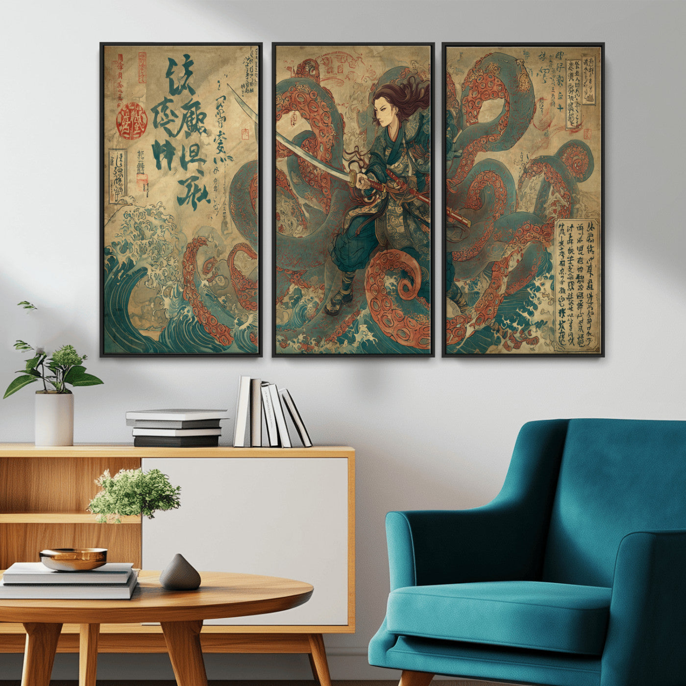 Tsukioka Yoshitoshi Samurai Wall Art Print, Japanese Katana Warrior Canvas Wall Art, Octopus Sea Monster Canvas Print,