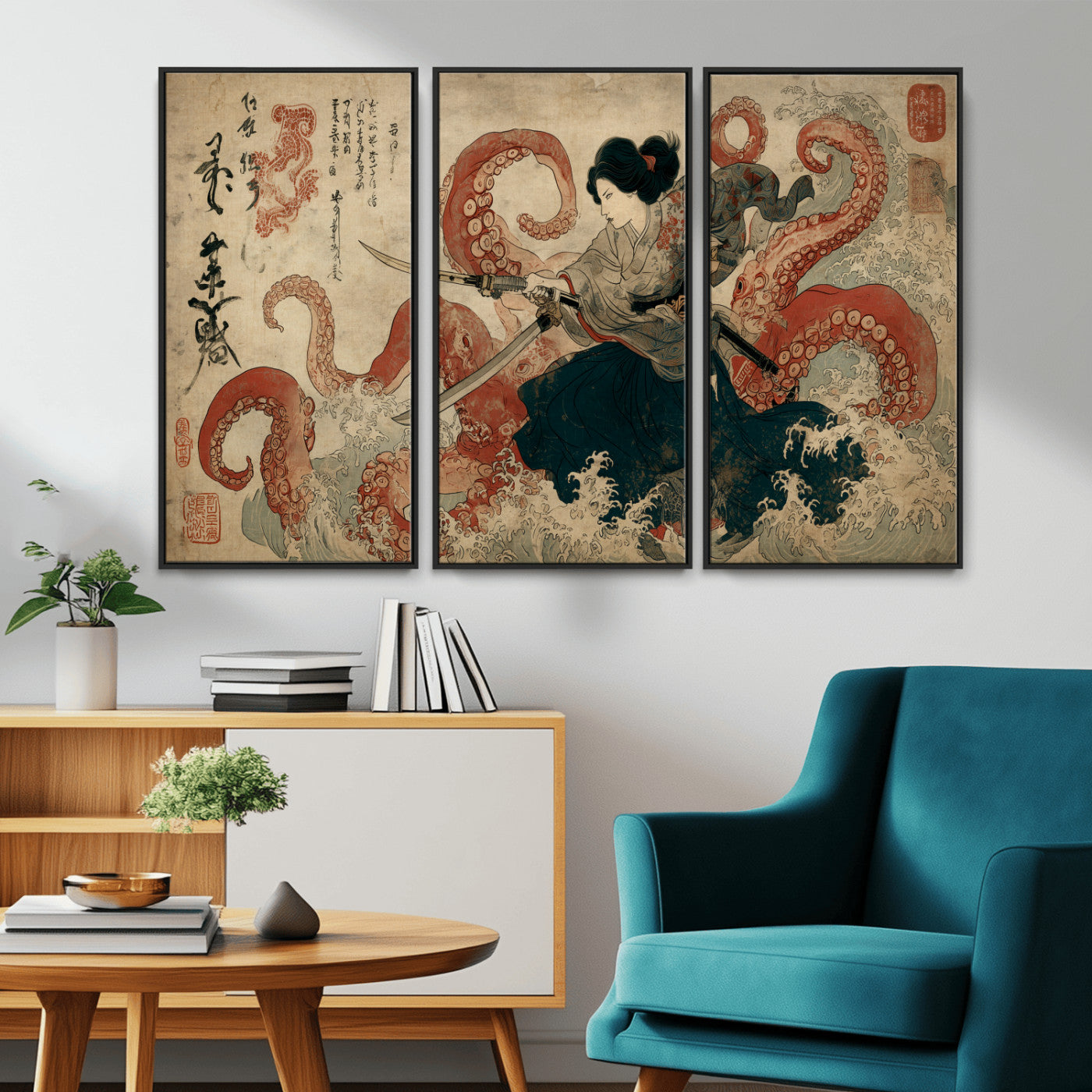 Tsukioka Yoshitoshi Samurai Wall Art Print, Japanese Katana Warrior Canvas Wall Art, Octopus Sea Monster Canvas Print,
