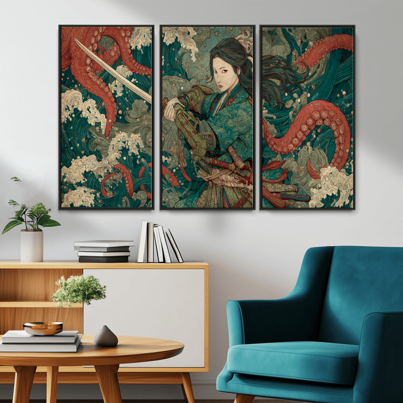 Tsukioka Yoshitoshi Samurai Wall Art Print, Japanese Katana Warrior Canvas Wall Art, Octopus Sea Monster Canvas Print,
