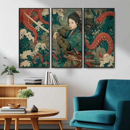 Tsukioka Yoshitoshi Samurai Wall Art Print, Japanese Katana Warrior Canvas Wall Art, Octopus Sea Monster Canvas Print,