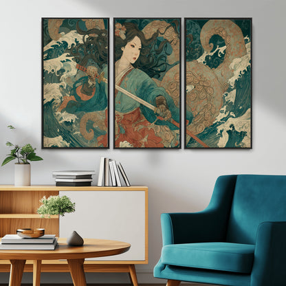 Tsukioka Yoshitoshi Samurai Wall Art Print, Japanese Katana Warrior Canvas Wall Art, Octopus Sea Monster Canvas Print,