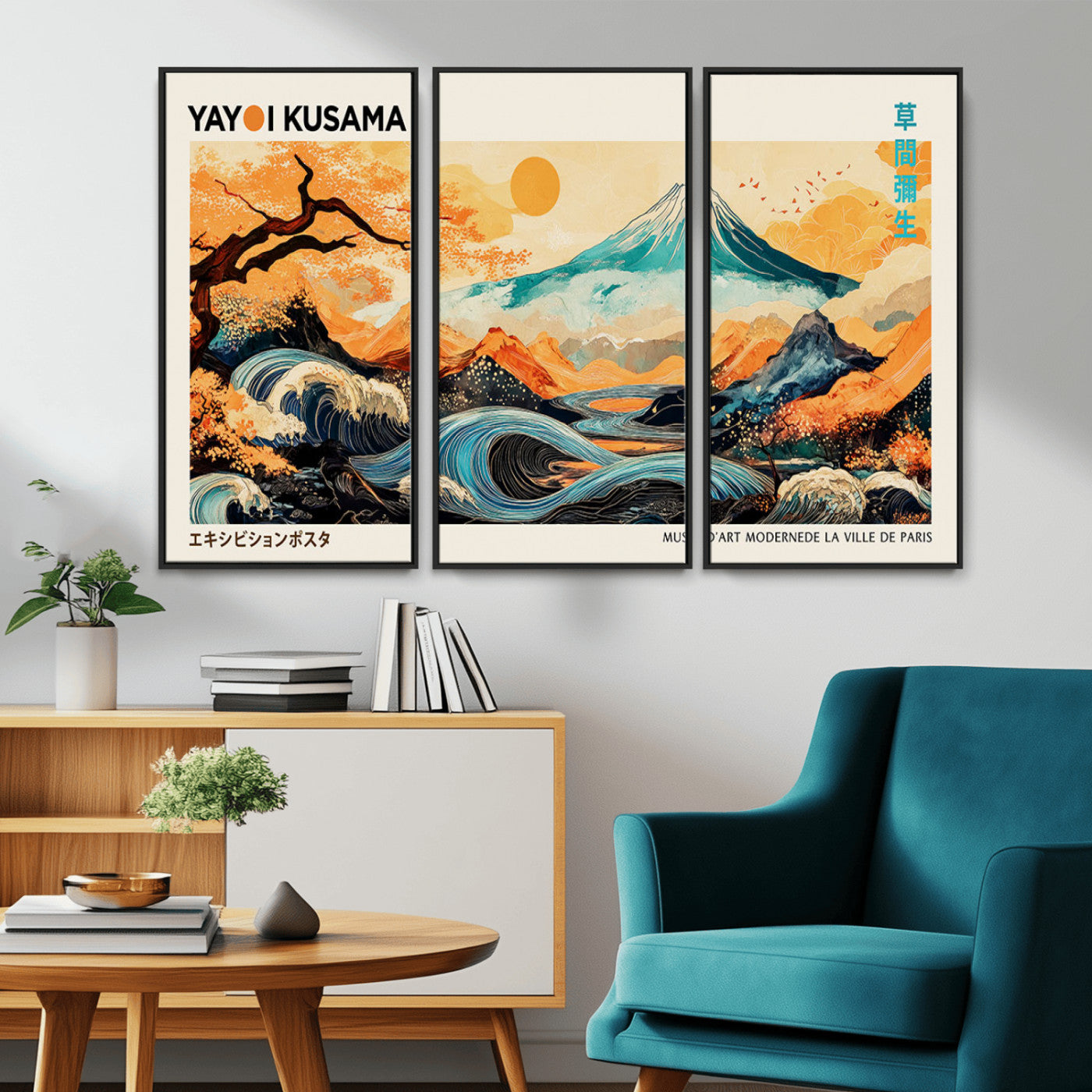 Modern Japanese-style art print featuring a stylized Mount Fuji, flowing waves, and vibrant landscapes in bold colors, inspired by traditional and contemporary aesthetics.