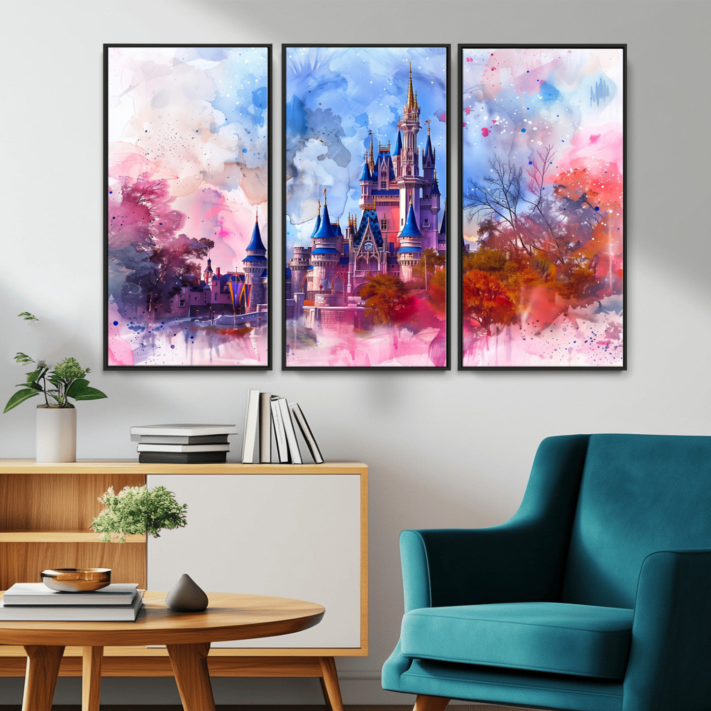 Watercolor canvas of a dreamy Disney-style castle in pastel pink and blue tones, perfect for fairytale or whimsical home decor.