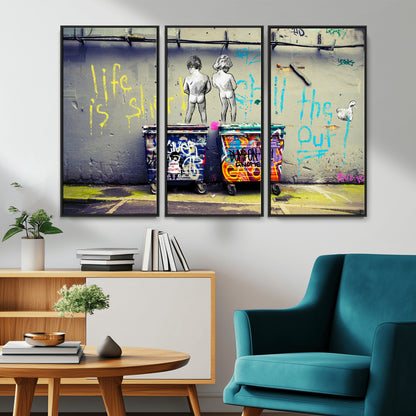 Graffiti-style canvas art with bold text and two naked figures over urban dumpsters, ideal for edgy or street-style decor.