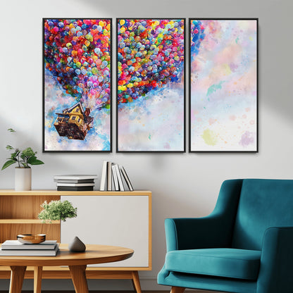 Whimsical canvas of the house from the movie Up flying with colorful balloons, ideal for Pixar or animation-themed decor.