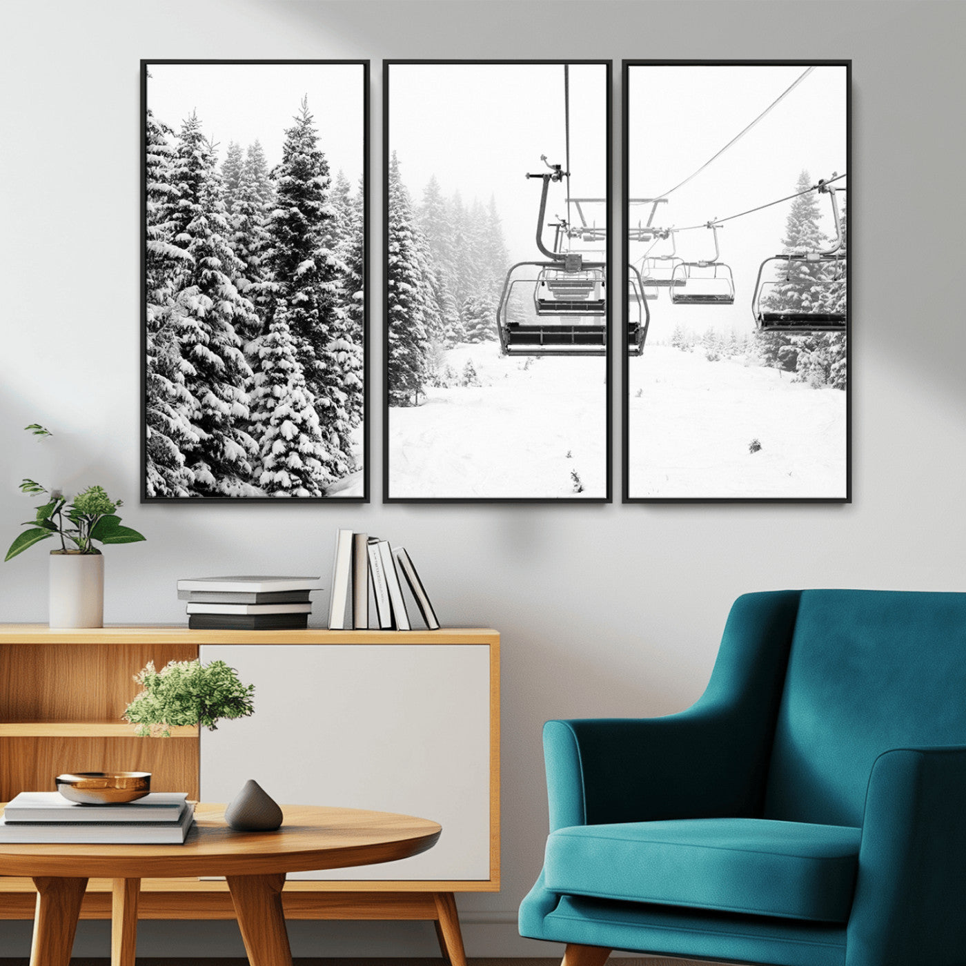 Black and white canvas of empty ski lifts over a snowy pine forest, perfect for minimal winter or ski lodge-inspired decor.