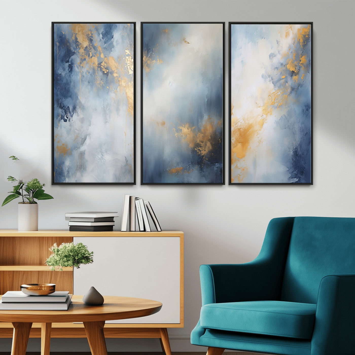 Abstract canvas art in soft blue and gold tones with textured brushstrokes, ideal for elegant or modern neutral decor spaces.