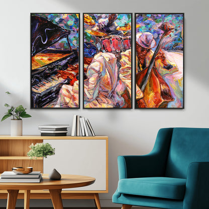 Vibrant oil painting of a jazz band with piano, saxophone, and bass, ideal for colorful and expressive music-themed home decor.