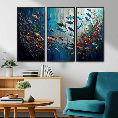 Colorful painting of fish swimming in abstract ocean swirls, perfect for vibrant marine-themed or expressive coastal home decor.
