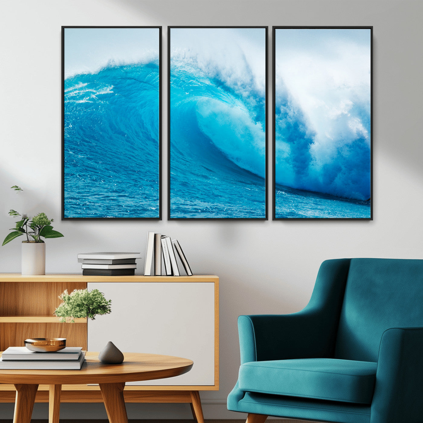 Vibrant canvas of a powerful curling ocean wave in tropical blue tones, perfect for coastal or surf-inspired decor settings.
