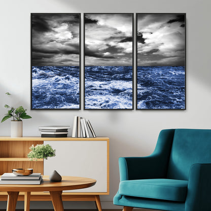 Moody canvas wall art of a stormy ocean under a dramatic black-and-white sky, perfect for bold or coastal-style interiors.
