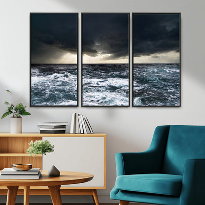 Moody ocean scene with stormy skies and crashing waves, perfect for dramatic or coastal-style home wall decor.