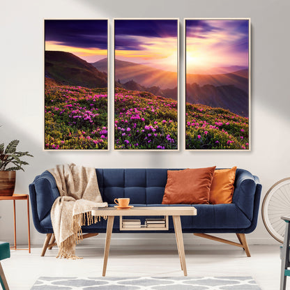 -Mountain Sunrise Wall Art – Vibrant Floral Landscape Canvas Print, Nature Home Decor for Living Room, Bedroom Office or Cabin