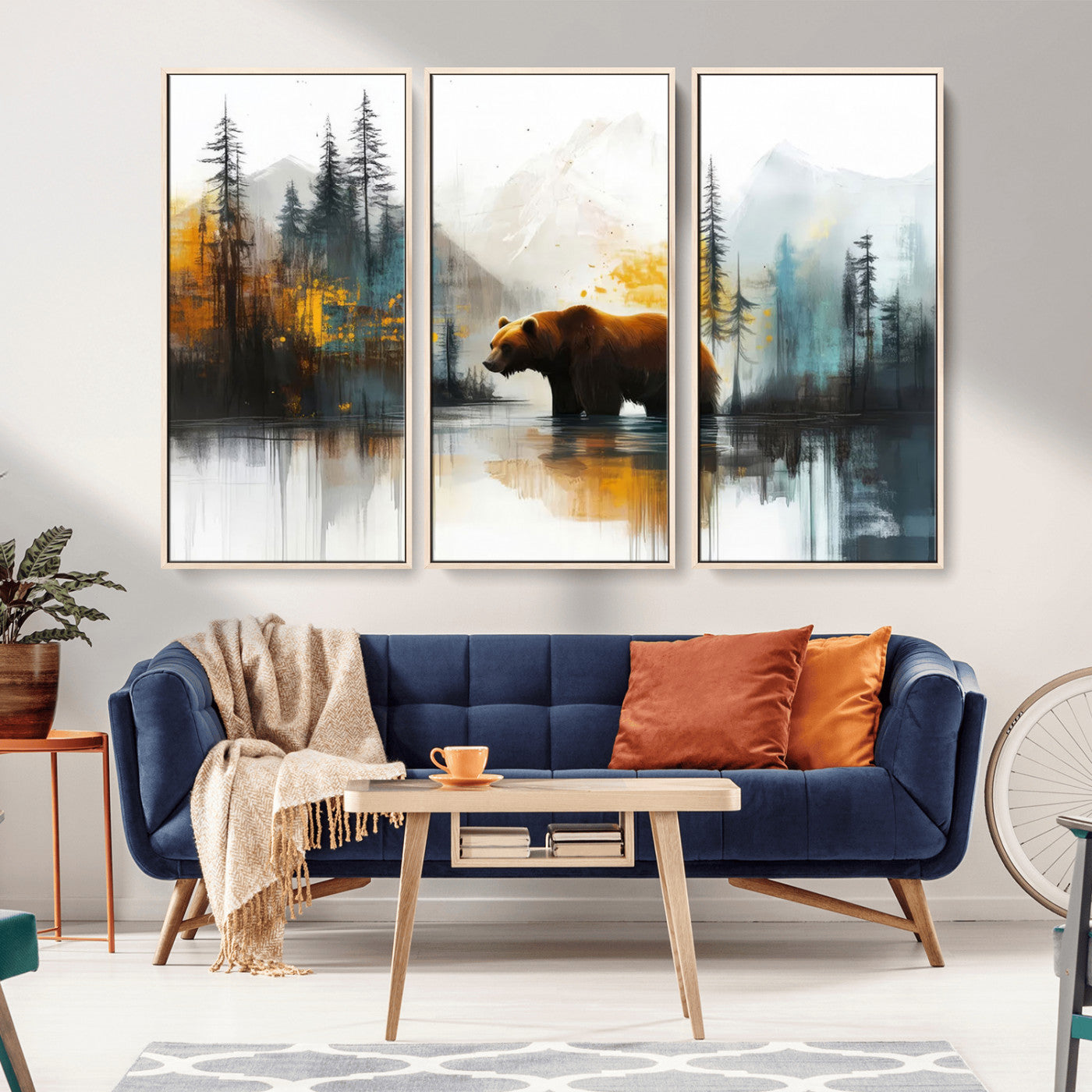 A majestic bear stands by the serene waters of a misty forest, surrounded by towering trees and distant mountains, evoking the raw beauty and wild spirit of nature.