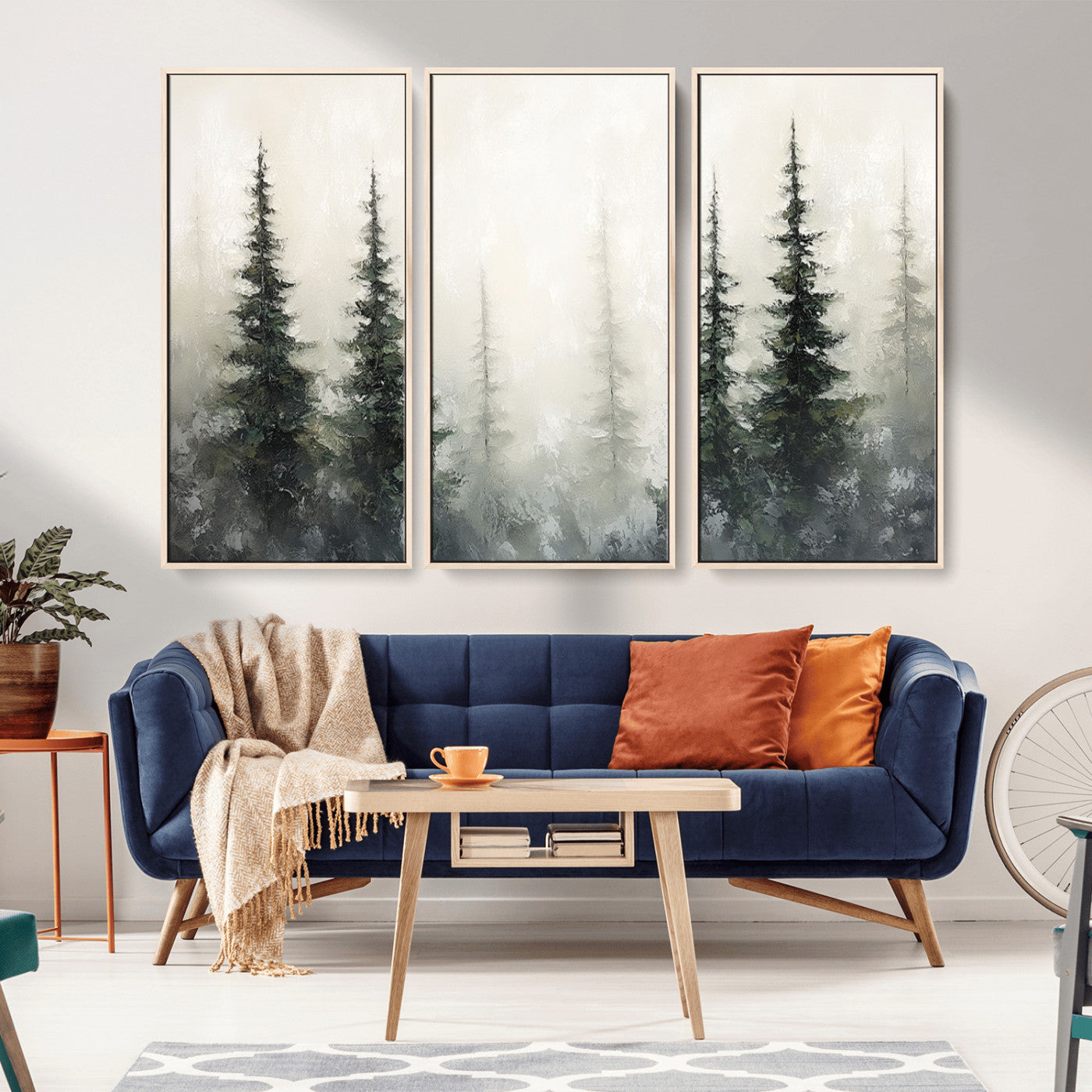 Soft and misty pine forest painting in neutral earthy tones, ideal for calm woodland or minimalist rustic home decor.